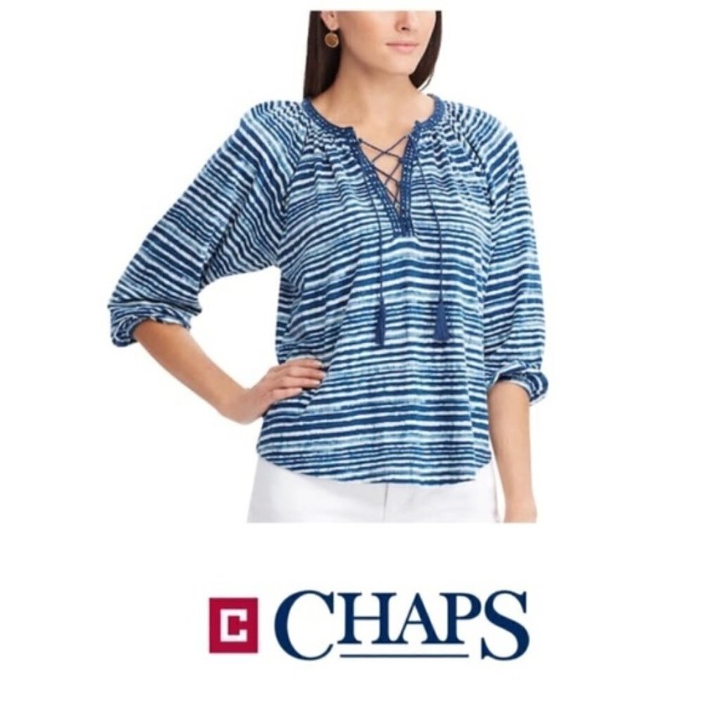 Chaps Womens Blue White Striped Lace Up Elbow Sleeve Peasant Blouse Sz M New - Picture 5 of 6